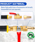 RV Winterizing Kit With Sprinkler Blowout Adapter made of brass, detailed view with connectors and shut off valve shown separately.