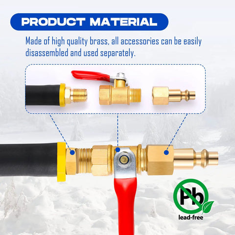 RV Winterizing Kit With Sprinkler Blowout Adapter made of brass, detailed view with connectors and shut off valve shown separately.