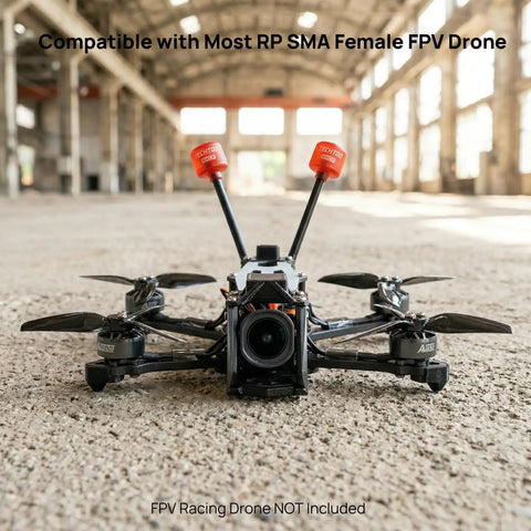 FPV drone with Beefed Up FPV Antenna For 5.8 GHz Drones And Goggles With RHCP 2.3 dBi RP SMA Connector, in an industrial setting
