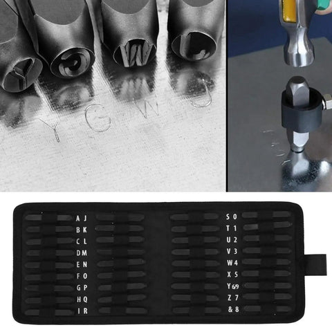 Close-up view of 36Pcs Number Letter Punch Stamp Set For Metal Stamping 5mm Character Size Durable Steel Alphabet Kit in use