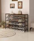 Heavy Duty Five Tier Shoe Rack Organizer With Thick Wooden Shelves And Steel Frame For Closet And Entryway Clutter Busting Storage Holds Up To Thirty Pairs In Top Notch Style, displaying shoes in a stylish entryway.
