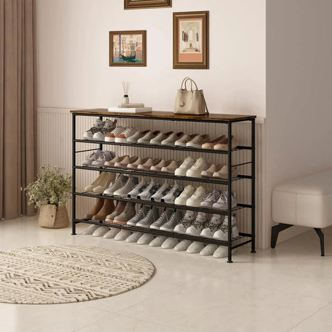Heavy Duty Five Tier Shoe Rack Organizer With Thick Wooden Shelves And Steel Frame For Closet And Entryway Clutter Busting Storage Holds Up To Thirty Pairs In Top Notch Style, displaying shoes in a stylish entryway.