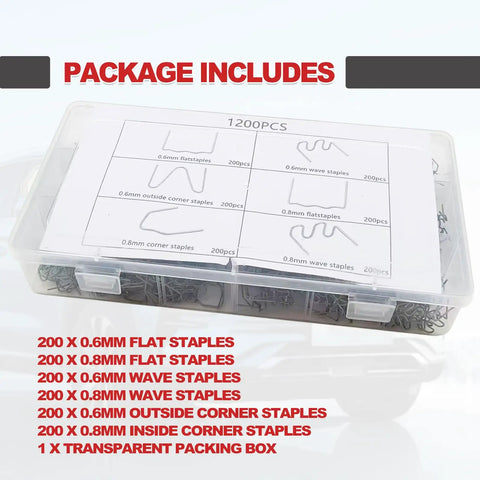 Plastic Welder Staples Kit With 6 Types Hot And Wave Staples, transparent box with 1200 stainless steel staples for repairs