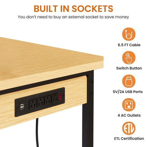 Heavy Duty 48 Inch Adjustable Workbench With Pegboard And Smooth Rolling Casters Built Like A Tank For Welding Jobs And Knockout Garage Tool Storage With AC USB Charging Ports And Sweet Hanging Hooks showing built-in sockets with four AC outlets and USB ports.