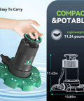Automatic Submersible Pool Cover Pump 110V One Quarter HP 2800 GPH with handle grip, compact design, and dimensions shown