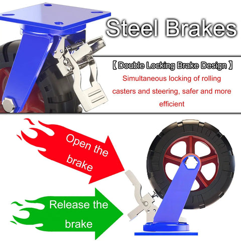 Detailed view of double locking brake design on Heavy Duty Swivel Caster Wheel Set Of 4 with steel frame and rubber tire.