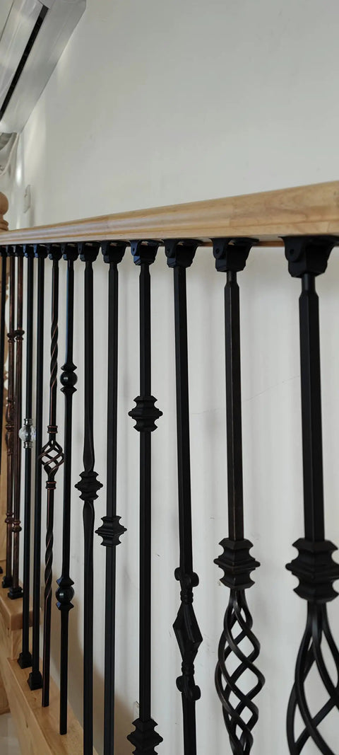 Five Eighth Inch Round Iron Baluster Swivel Shoes With Screws Satin Black Finish Pack Of 10 installed on wooden stair rail