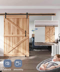 Sliding Barn Door Track And Hardware Kit With 12 Ft Straight Pulley System No Fuss Install Smooth Quiet Rollers Anti Corrosion Aluminum With Black Powder Coat For 66 To 72 Inch Wide Single Doors installed in living room