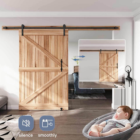 Sliding Barn Door Track And Hardware Kit With 12 Ft Straight Pulley System No Fuss Install Smooth Quiet Rollers Anti Corrosion Aluminum With Black Powder Coat For 66 To 72 Inch Wide Single Doors installed in living room