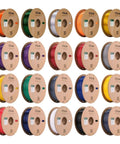 Assorted 3D printer filament spools in various colors; includes multiple brands and types for diverse printing needs.