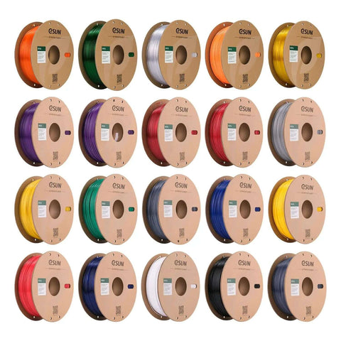 Assorted 3D printer filament spools in various colors; includes multiple brands and types for diverse printing needs.