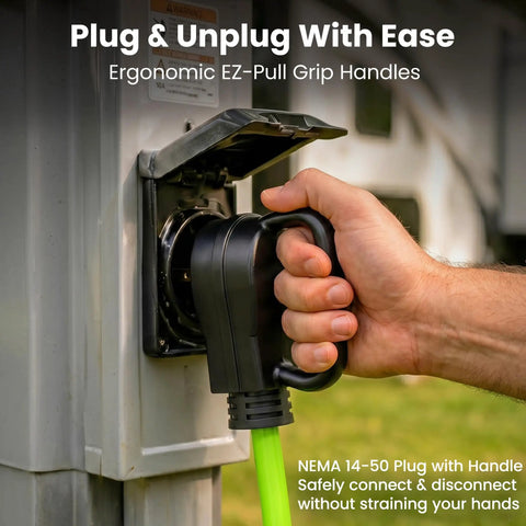 Hella Durable 15 Ft 50 Amp Extension Cord Tough As Nails Waterproof RV Charger Cable With NEMA 14 50 Plugs being plugged in with ergonomic handle.