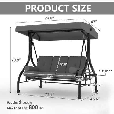Dimensions of Three Seat Patio Swing With Adjustable Canopy And Stand, Heavy Duty Outdoor Porch Swing For Adults Up To 800 Lbs