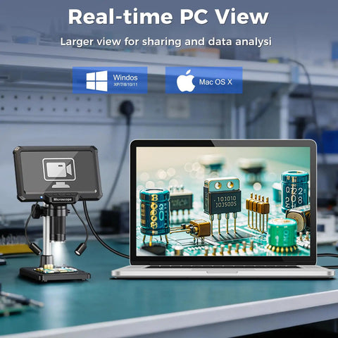 7 Inch LCD Digital Soldering Microscope With Remote And Side Lights High Clearance Stand For DIYers And Tweezers Access 1080P Live View For Precise Microsoldering On Tiny PCBs. Real-time PC view on laptop and microscope display over circuit board.