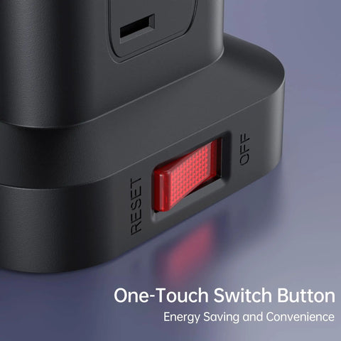 16 In 1 Tower Power Strip With USB Charging, 12 AC Outlets And 4 Smart USB Ports Including USB C, 15 Ft Long Power Hub For Home, Dorm, And Office, Overload Protection, Keeps Your Devices Powered And Organized. Black tower power strip with one-touch switch button and red reset switch