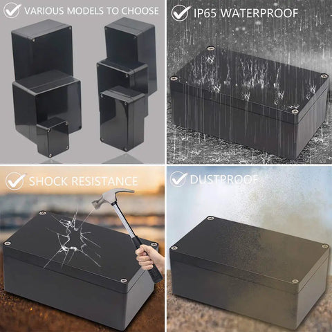 IP65 Waterproof Outdoor ABS Project Box Junction Enclosure For Electrical Components Black 7.9 By 4.7 By 2.95 Inch Dust And Splash Resistant Rugged Weatherproof Electrical Box For Outdoor Use shown in different angles and features such as waterproof, shock resistance, and dustproof.
