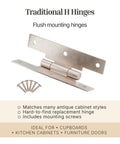 Heavy Duty Satin Nickel H Hinges For Cabinet Doors Flush Mount Style Solid Steel Build 3 Inch By 1 5 8 Inch Pack Of 8, traditional h hinge with screws