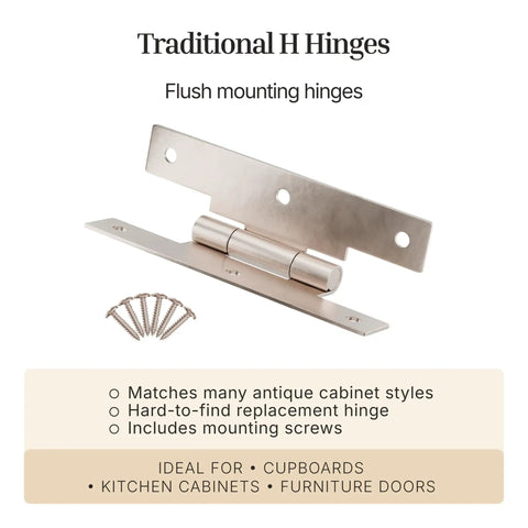 Heavy Duty Satin Nickel H Hinges For Cabinet Doors Flush Mount Style Solid Steel Build 3 Inch By 1 5 8 Inch Pack Of 8, traditional h hinge with screws