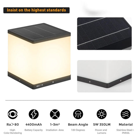 Outdoor Solar Post Cap Light With Warm 3000K LED IP54 Waterproof Energy Saving 9.8 Inches Ideal For Fence Deck Garden Or Patio Posts Modern Luxury Die Cast Stainless Steel No Fuss Install with solar panel top and glowing cube design.