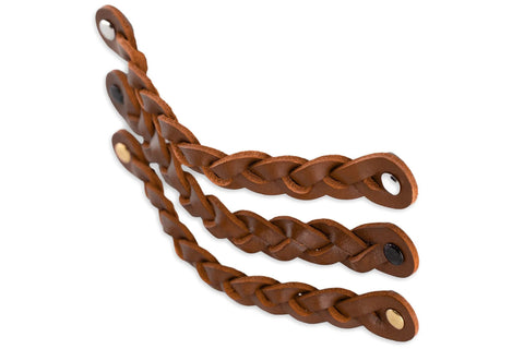Braided Leather Drawer Pulls In Cognac Finish, 2 Pack, Measures 7-7/8 Inches Long By 1 Inch Wide displayed on white background