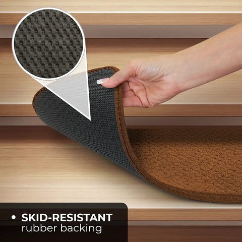 Hand lifting toffee brown skid resistant carpet stair tread with rubber backing, showcasing easy peel and stick install.