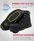 Men's Tough As Nails Steel Toe Work Boots, Crazy Horse Leather, Waterproof And Non Slip, Built To Last On Any Job Site, Durable Goodyear Stitching, All Weather Safety Boot, Black, Size 9.5 showing non-slip sole and Goodyear stitching.
