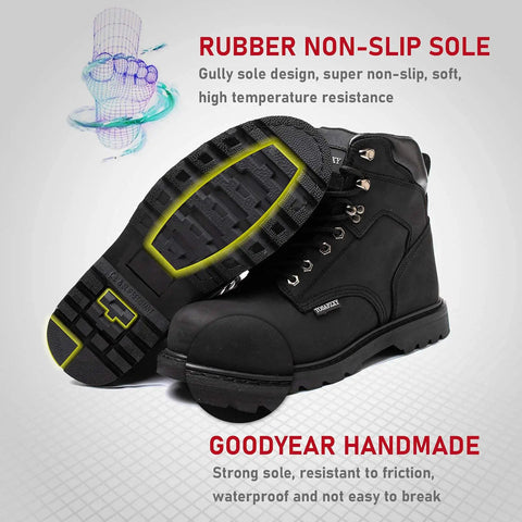 Men's Tough As Nails Steel Toe Work Boots, Crazy Horse Leather, Waterproof And Non Slip, Built To Last On Any Job Site, Durable Goodyear Stitching, All Weather Safety Boot, Black, Size 9.5 showing non-slip sole and Goodyear stitching.