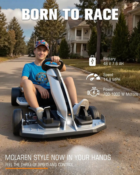Teenager in a McLaren Licensed 48V Electric Go Kart for Teens 14 Plus with Handbrake parked on a suburban street.