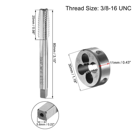 Pro Grade Tap And Die Set For Three Eighths Inch 16 UNC Threads With 30mm Round Die Stock Handle Wrench High Speed Steel Threading Tool For Repair DIY And General Machining