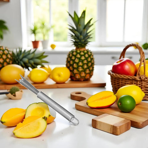 Double Pack Stainless Steel Pineapple Eye Peeler Remover Tool With V Shaped Blade displayed on kitchen counter with fruits