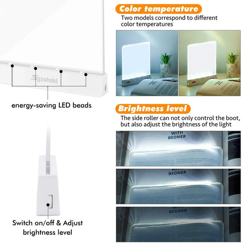 Clip On Book Light Battery Powered Flat Plate Led Lamp With Adjustable Brightness demonstrating controls and color temperatures