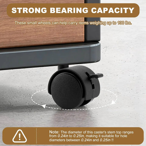 Four Pack 1.5 Inch Swivel Caster Wheels With Locking Brakes And 6.25 Millimeter Straight Stem For No Sweat Swap On Plastic Furniture Drawer Carts And Cabinets Rolls Like Butter, displaying wheel with locking brake, 130lb capacity.