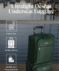 Underseat Carry-On Luggage With 28L Capacity, Sustainable Travel Bag Made From Recycled RPET, Compact 16-Inch Wheel-On Suitcase For Short Trips, Fits Under The Seat, Juniper Green beside water with features highlighted