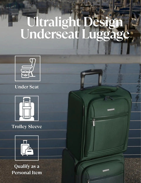 Underseat Carry-On Luggage With 28L Capacity, Sustainable Travel Bag Made From Recycled RPET, Compact 16-Inch Wheel-On Suitcase For Short Trips, Fits Under The Seat, Juniper Green beside water with features highlighted