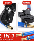 Dual Function PEX Crimp Tool Kit With Cinch And Removal, close-up of 3/8 to 1 inch PEX crimper with built-in cutter and clamps