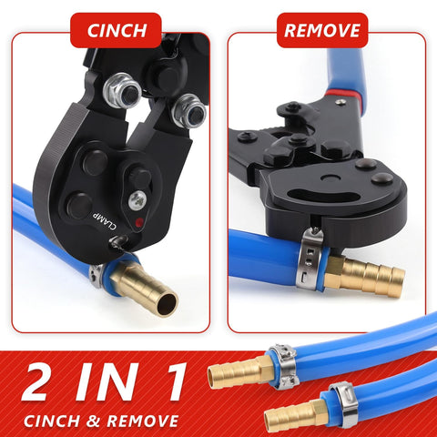 Dual Function PEX Crimp Tool Kit With Cinch And Removal, close-up of 3/8 to 1 inch PEX crimper with built-in cutter and clamps