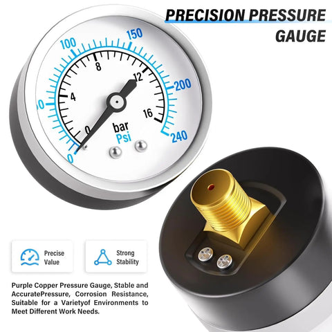 Precision pressure gauge with 0-150 PSI range, featuring a metal case and threaded connector for industrial use.