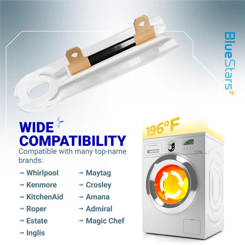 Compatible Two Pack Dryer Thermal Fuses 3392519 Replacement Kit For Whirlpool Kenmore Dryers shown with washer icons, temperature display, and brand list.