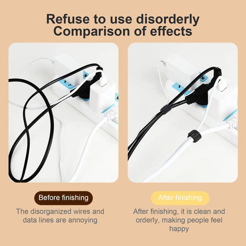 Comparison of cluttered and organized cables using Reusable Cable Ties Organizer Set For Home Office And Tech Gear, Black Cable Straps