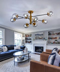8 Light Sputnik Ceiling Light Fixture Semi Flush Mount With Glass Globe In Black And Gold Mid Century Modern Chandelier in living room
