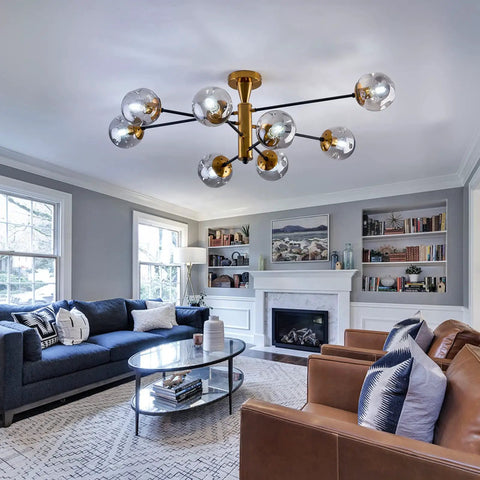 8 Light Sputnik Ceiling Light Fixture Semi Flush Mount With Glass Globe In Black And Gold Mid Century Modern Chandelier in living room