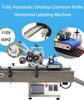 Workhorse Automatic Labeling Machine With Grippy Roller Conveyor For Easy And No Sweat Bottle Wrapping Handling Up To Sixty Labels Per Minute On Reliable 110V Shop Plug Power, showing desktop conveyor roller.