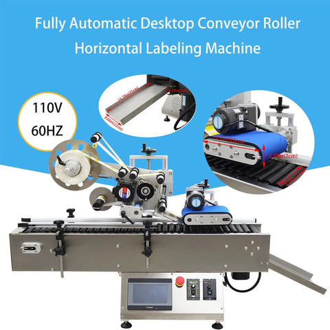 Workhorse Automatic Labeling Machine With Grippy Roller Conveyor For Easy And No Sweat Bottle Wrapping Handling Up To Sixty Labels Per Minute On Reliable 110V Shop Plug Power, showing desktop conveyor roller.