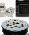 Precision Engineered Aftermarket AC Compressor With Heavy Duty Clutch, top view of compressor with attachment points.