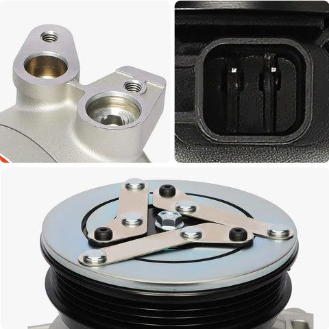Precision Engineered Aftermarket AC Compressor With Heavy Duty Clutch, top view of compressor with attachment points.