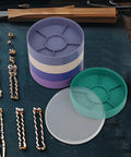 Round Watch Parts Tray With Stackable Layers And Portable Storage Case Built Tough With ABS, showing open and closed trays with watch parts