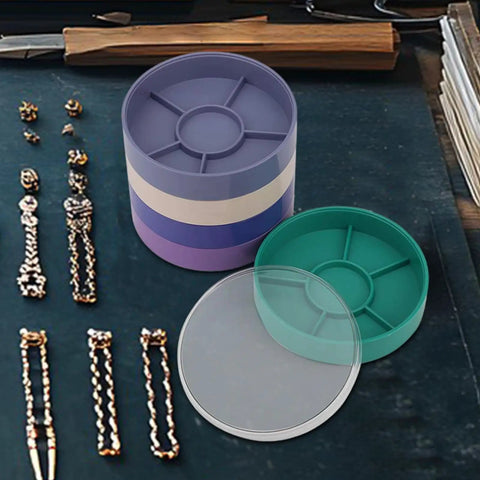 Round Watch Parts Tray With Stackable Layers And Portable Storage Case Built Tough With ABS, showing open and closed trays with watch parts