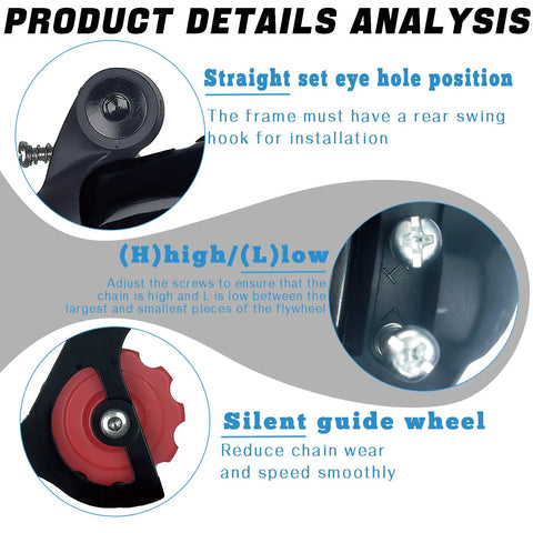 Product details for K138 6/7 Speed Rear Derailleur with direct mount, showing eye hole position, adjustment screws, and guide wheel.