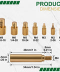 Insert Soldering Tips Kit For Heat Set Inserts M2 To M8, brass tips with 1/4 inch thread, product dimensions shown, ideal for 3D prints.