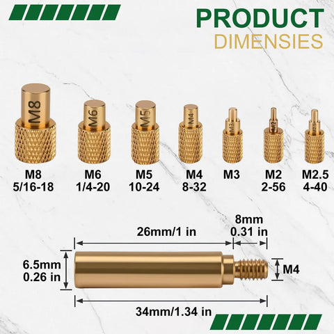 Insert Soldering Tips Kit For Heat Set Inserts M2 To M8, brass tips with 1/4 inch thread, product dimensions shown, ideal for 3D prints.